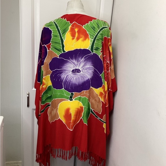 Club West Women’s Floral Boxy Kimono Poncho Beach Dress Coverup, Red, OS - Picture 9 of 11